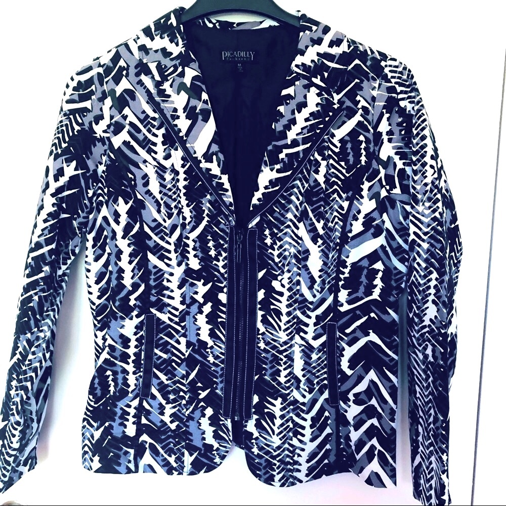 Picadilly Fashions Zip-Up Blazer Abstract Design Black/White/Grey Size Medium